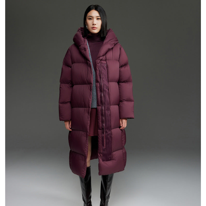 Damen Extra-langer wattierter Steppmantel mit Kapuze, Thermo-Füllung und Zwei-Wege-Reißverschluss Shop Nory