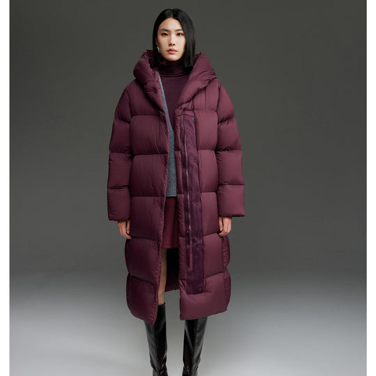Damen Extra-langer wattierter Steppmantel mit Kapuze, Thermo-Füllung und Zwei-Wege-Reißverschluss Shop Nory