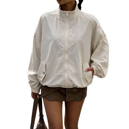 Damen Oversize Windjacke mit Stehkragen, Kordelzug und Pattentaschen Shop Nory