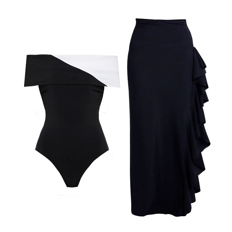 Damen Badeanzug mit modischem Off-Shoulder Design und eleganter Rüschen-Maxiröhre Shopnory
