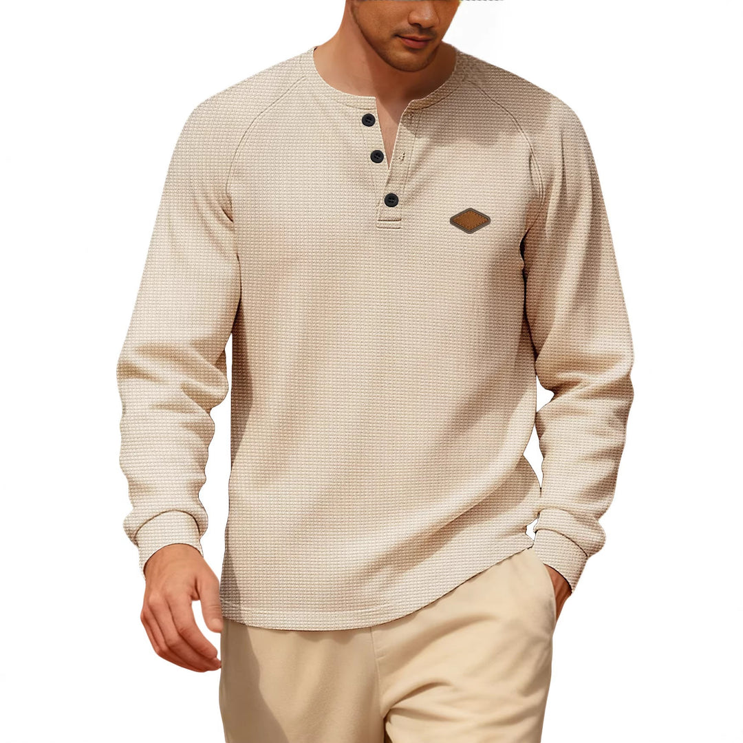 Herren nan Waffelstrick-Henley Langarmshirt mit Raglanärmeln, Halbknopfleiste und Lederlabel Shopnory