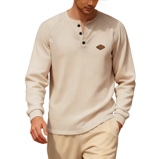Herren nan Waffelstrick-Henley Langarmshirt mit Raglanärmeln, Halbknopfleiste und Lederlabel Shopnory