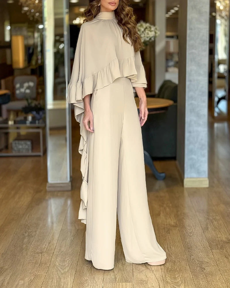 Damen Eleganter Overall mit Cape-Volant und weitem Palazzohosenbein Shop Nory