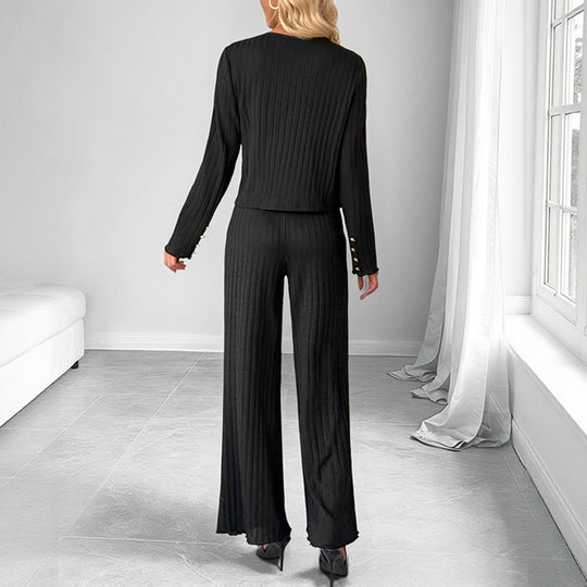 Damen Zweiteiliges Rippstrick-Hosenanzug mit taillierter Jacke und weitem Schlag Shop Nory