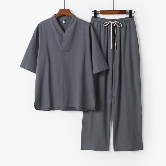 Herren Zweiteiliges Leichtes Loungewear-Set mit Stehkragen-Halbarmshirt und Kordelbund-Hose Shop Nory