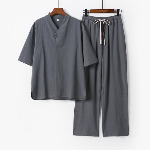 Herren Zweiteiliges Leichtes Loungewear-Set mit Stehkragen-Halbarmshirt und Kordelbund-Hose Shop Nory