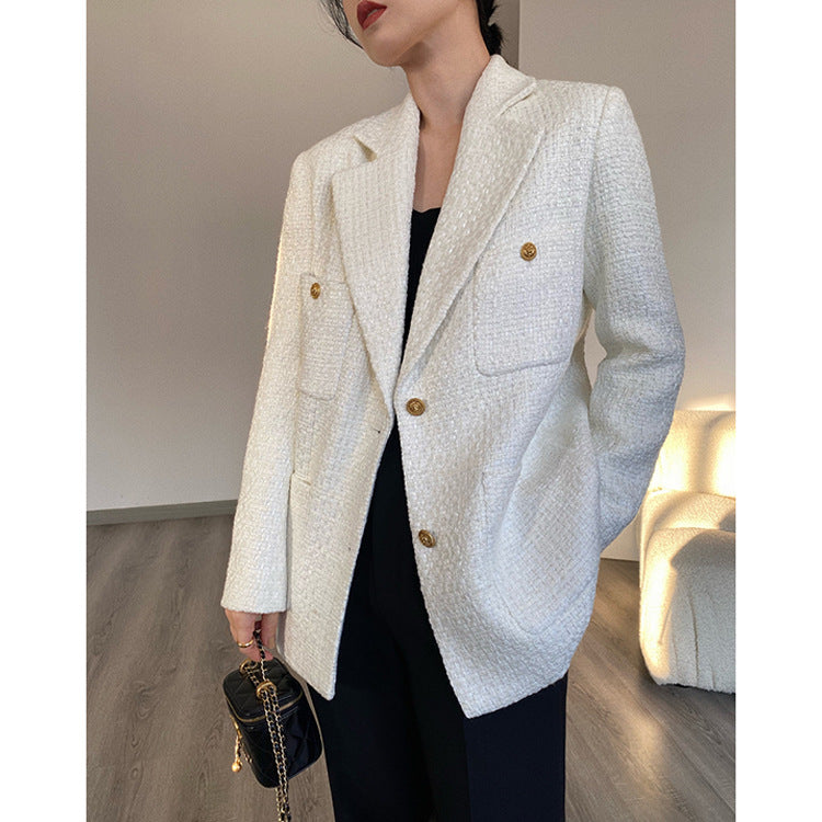 Damen Eleganter Tweed Blazer mit goldenen Knöpfen Shop Nory