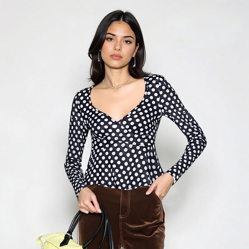 Damen Langarm-Top mit Punktmuster, tailliertem Peplum und herzförmigem Ausschnitt Shop Nory