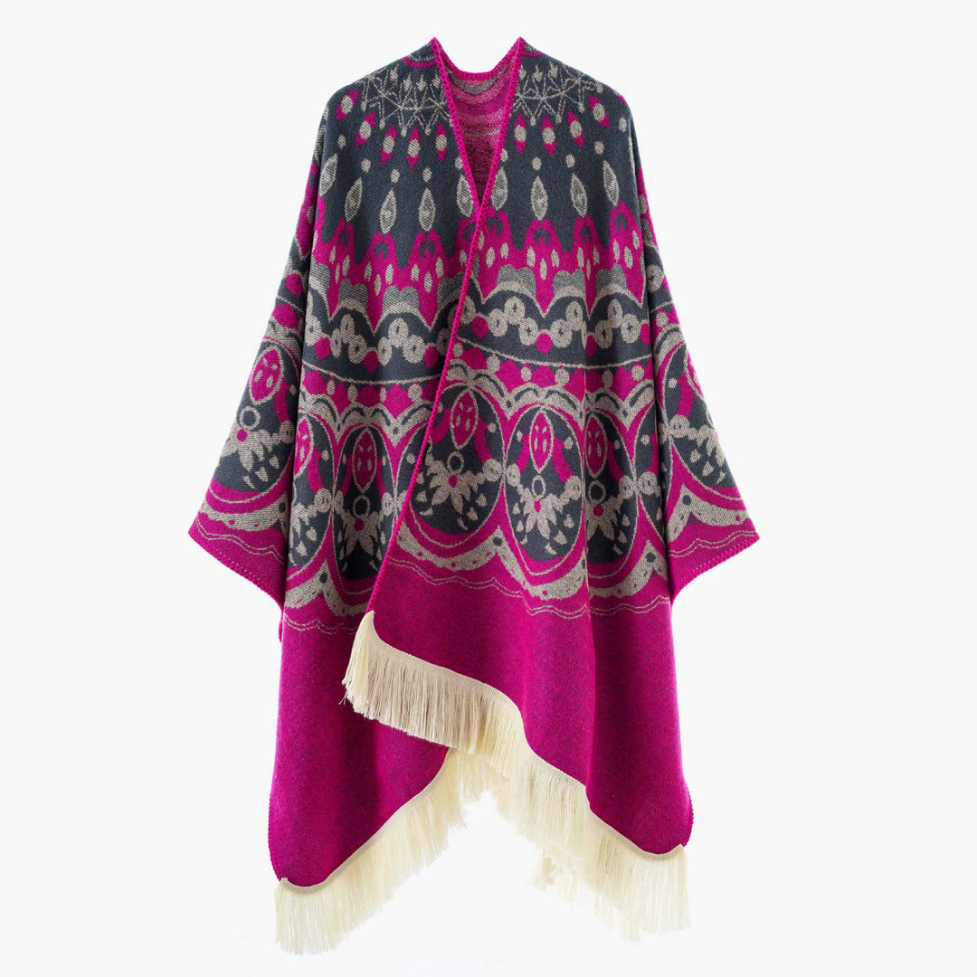 Damen Gewebter Jacquard-Poncho mit V-Ausschnitt, Ethno‑Print und Fransen Shop Nory