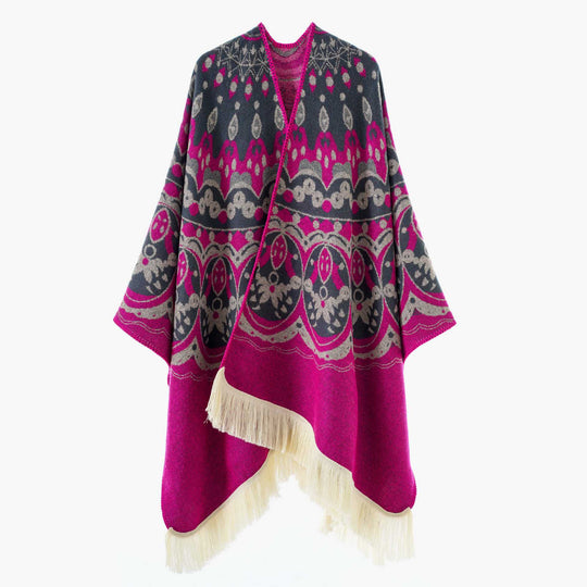 Damen Gewebter Jacquard-Poncho mit V-Ausschnitt, Ethno‑Print und Fransen Shop Nory