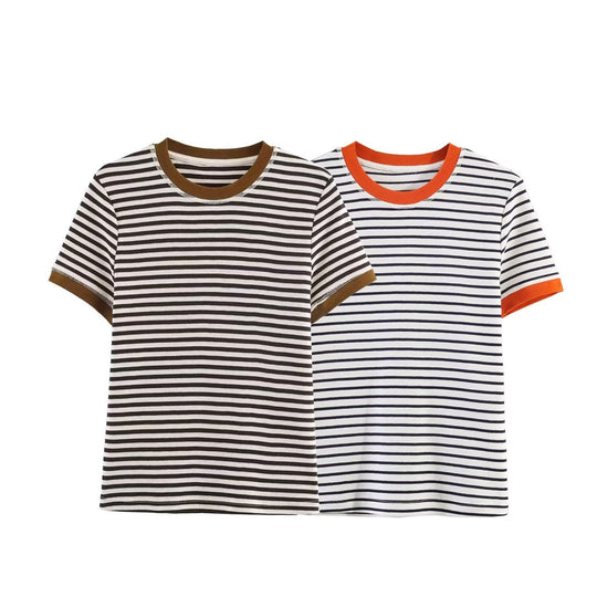 Damen gestreiftes T-Shirt mit kontrastierenden Ärmeln Shopnory