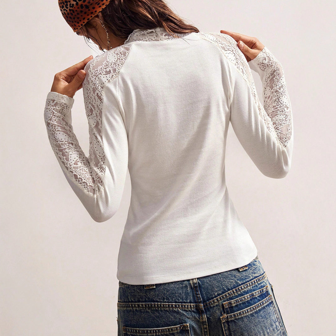 Damen Feinstrick-Langarmshirt mit Spitzenärmeln und Stehkragen Shop Nory