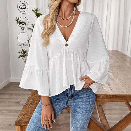 Damen nan elegante Empire-Bluse mit V-Ausschnitt, geraffter Brustnaht und Glockenärmeln Shop Nory