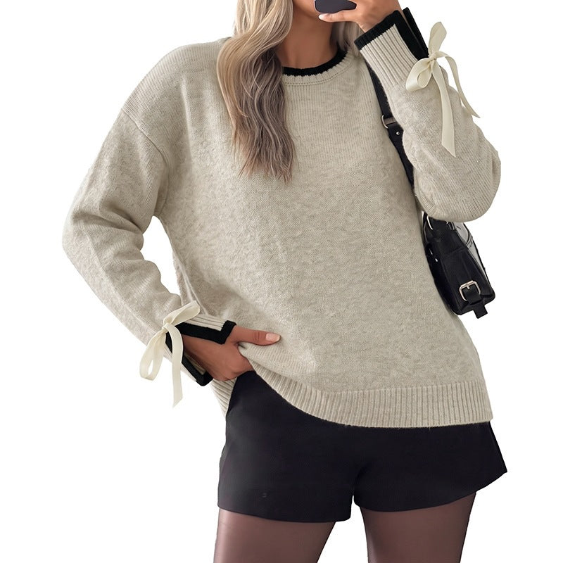 Damen Oversize-Feinstrickpullover mit kontrastgerippter Passe und Schleifen-Details Shop Nory