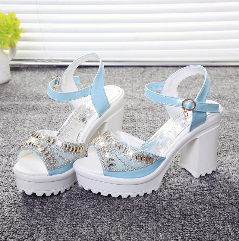 Damen Hochhackige Sandalen mit funkelnden Strassverzierungen und stabiler Plateausohle Shopnory