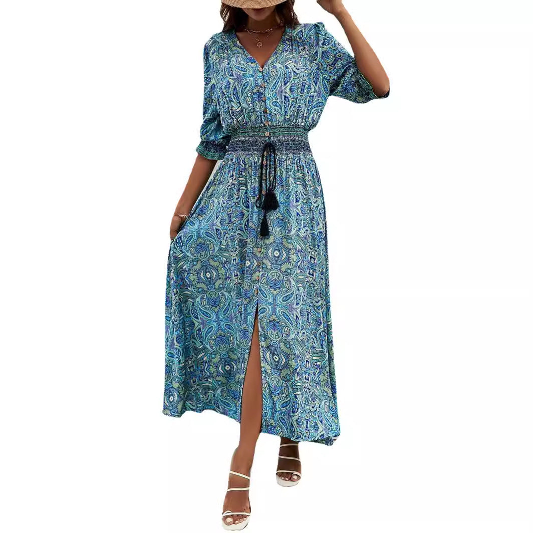 Damen Maxikleid mit abnehmbarem Taillengürtel und kunstvollem Muster