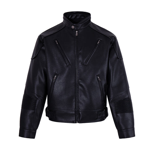 Herren Bikerjacke aus Lederimitat mit Stehkragen Reißverschlusstaschen und gesteppter Ellenbogenpartie Shop Nory
