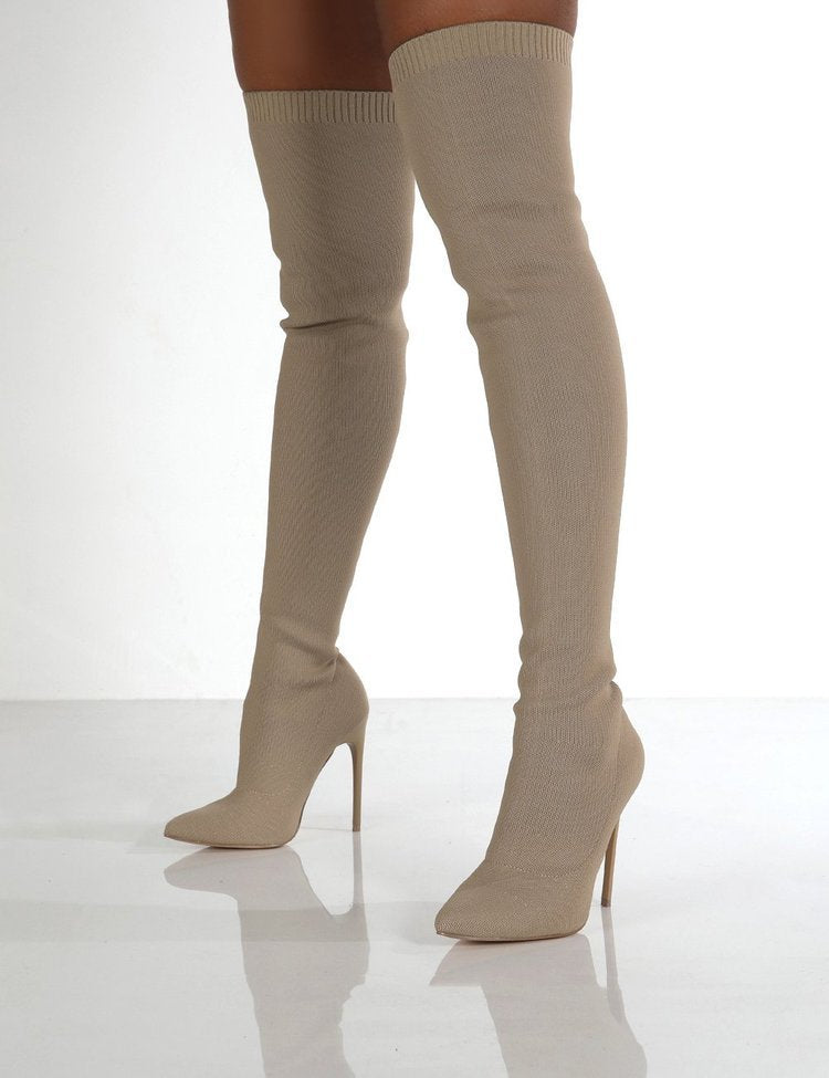 Damen Overknee Stiefel mit elegantem spitzem Absatz und modischem Strickdesign