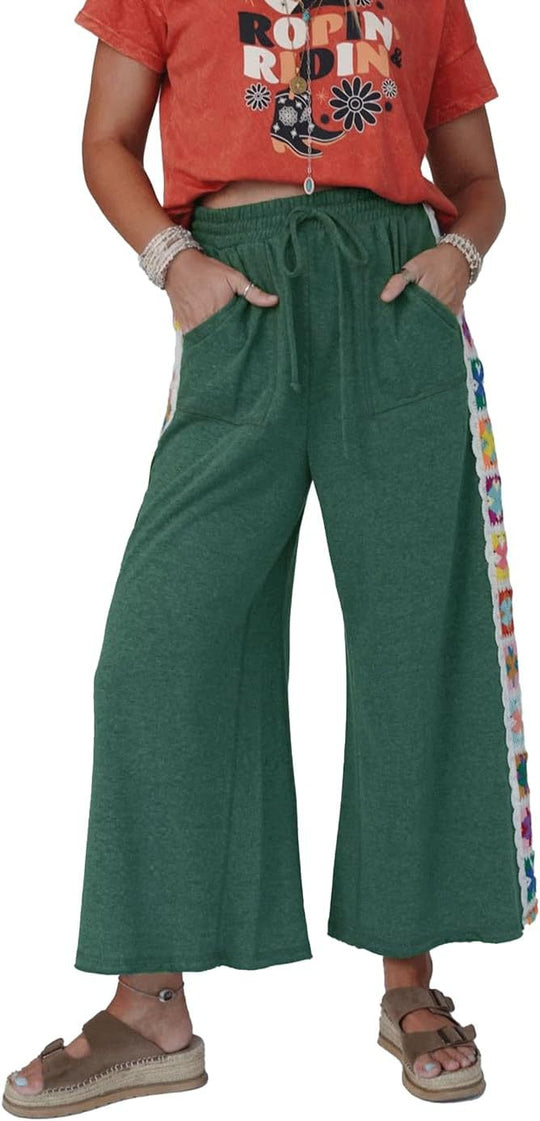 Damen weite Jersey-Hose mit hohem Gummibund, Kordelzug und gehäkeltem Seitenstreifen Shop Nory