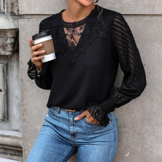 Damen Spitzenbluse mit transparenten Raglanärmeln, V‑Ausschnitt und zarter Spitze Shop Nory
