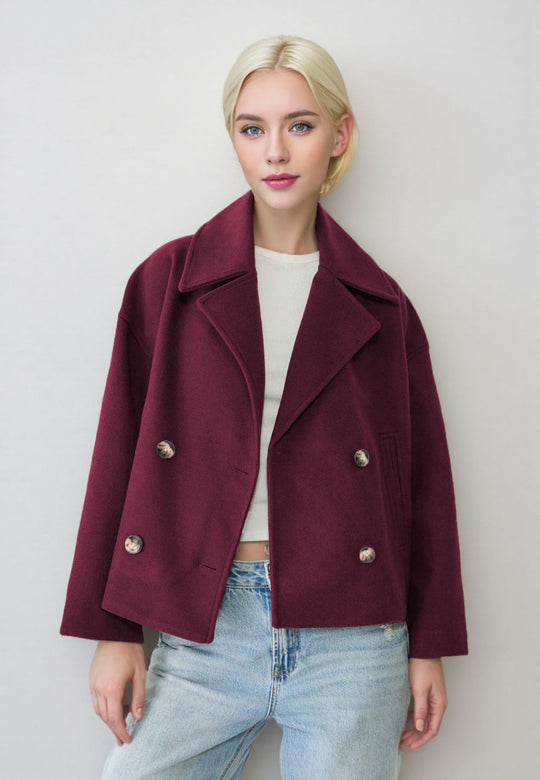 Damen nan kurzes doppeltreihiges Wollmix-Manteljacke im Boxy-Cut mit weitem Reverskragen Shop Nory