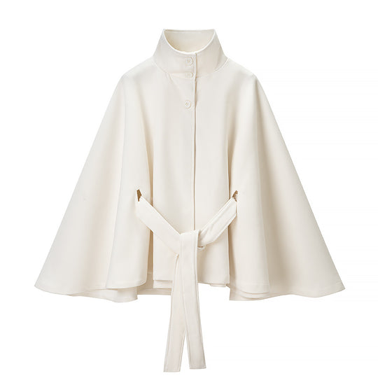 Damen Kurzcape mit Stehkragen, verdeckter Knopfleiste und Taillenbindegürtel Shop Nory