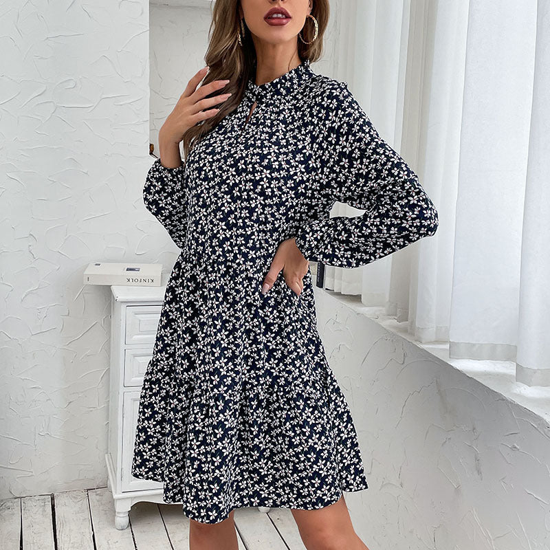 Damen Gestuftes Minikleid mit Stehkragen, Blumenprint und taillierter A‑Linie Shop Nory