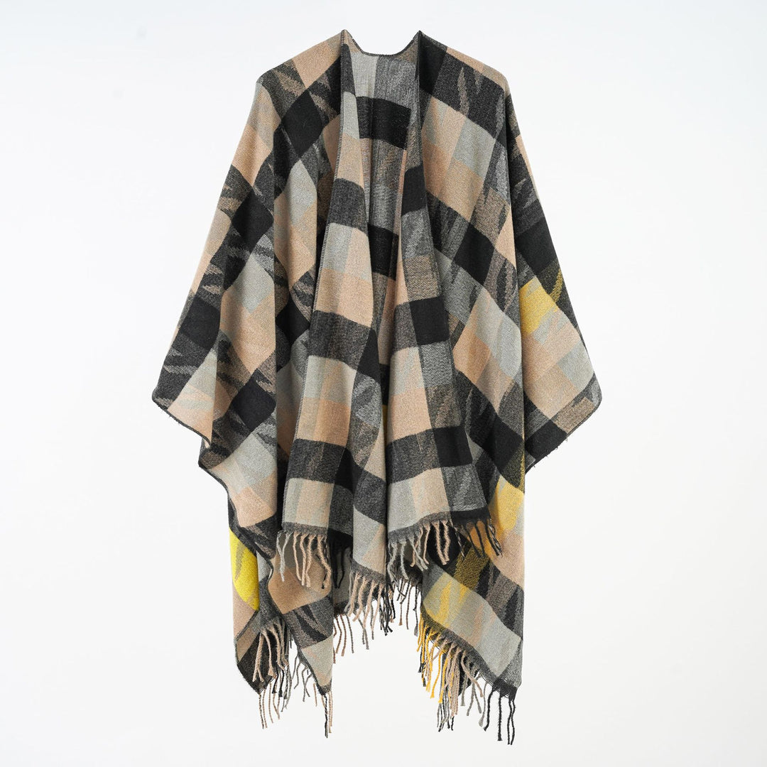 Damen Oversize-Plaidponcho mit Fransen und gewebtem Karomuster Shop Nory