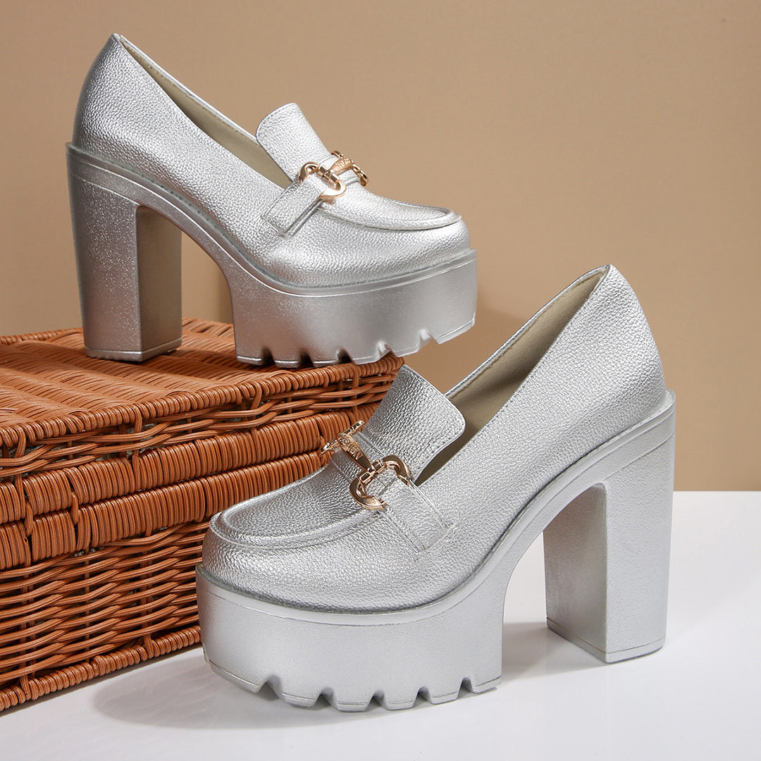 Damen Chunky-Plateau-Loafer mit hohem Blockabsatz und Zier-Bit Shop Nory