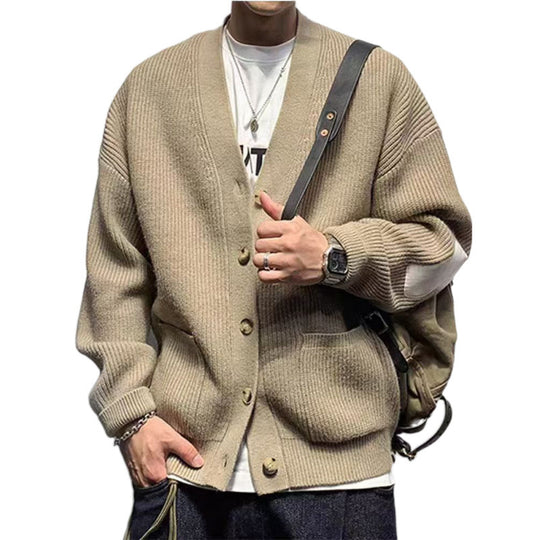 Herren Oversized Strickcardigan mit Ellenbogen-Patches und aufgesetzten Taschen Shop Nory
