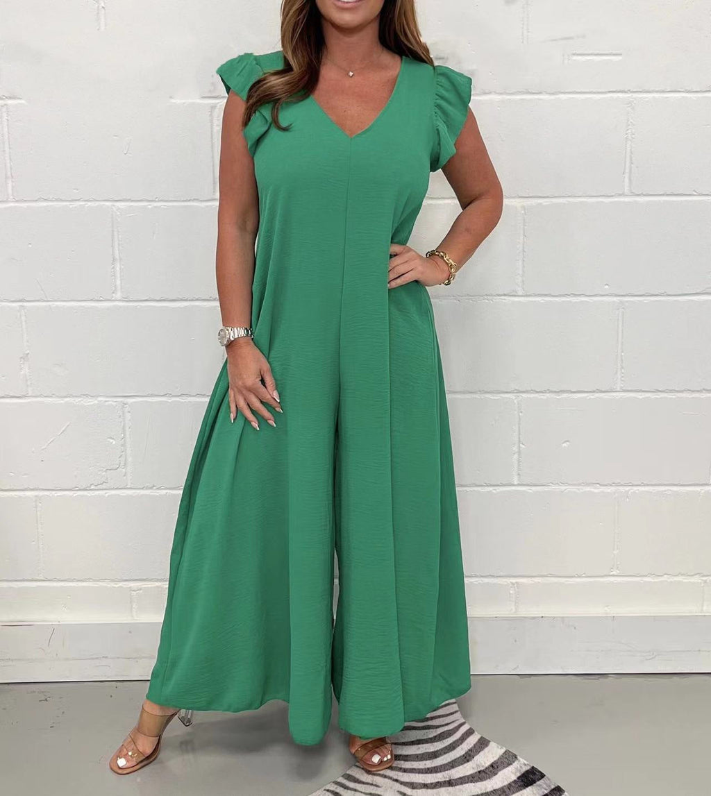 Damen luftiger Jumpsuit mit weit geschnittenem Bein und V-Ausschnitt