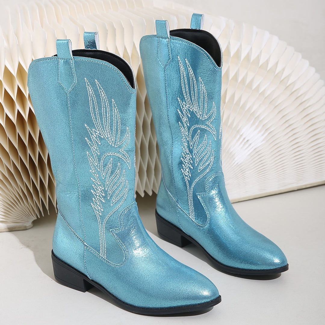 Damen Cowgirl-Kniehoher Stiefel mit dekorativer Stickerei, Pull‑Tabs und komfortablem Blockabsatz Shop Nory