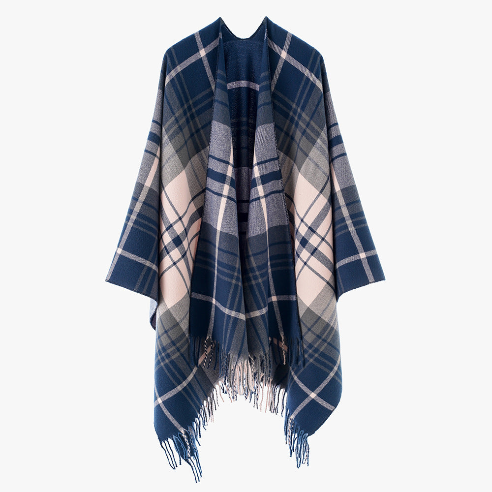 Damen Cape‑Poncho im Oversize‑Deckenstil mit tartanartigem Karomuster und Fransensaum Shop Nory