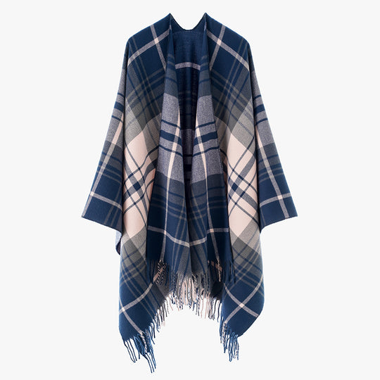 Damen Cape‑Poncho im Oversize‑Deckenstil mit tartanartigem Karomuster und Fransensaum Shop Nory
