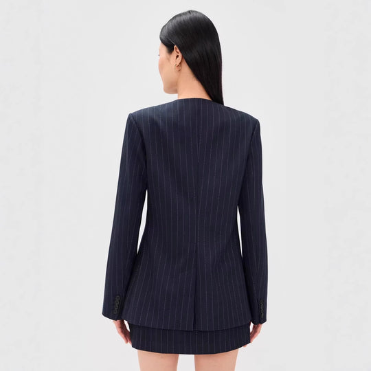 Damen Zweiteiliges Nadelstreifen-Tailoring-Set mit kragenlosem Blazer und hochgeschnittenem Minirock Shop Nory