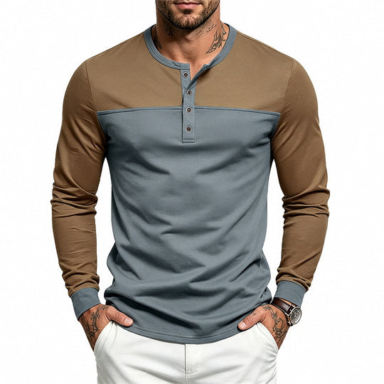 Herren Slim-Fit Henley-Langarmshirt mit Kontrastpaneel und Metallknopfleiste Shop Nory