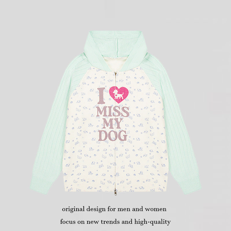 Damen Kapuzen‑Strickjacke mit durchgehendem Reißverschluss, gerippten Ärmeln und Hunde‑Statement‑Print Shop Nory