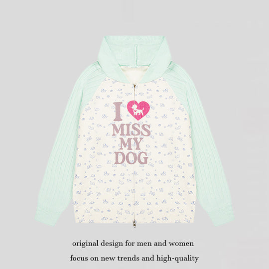 Damen Kapuzen‑Strickjacke mit durchgehendem Reißverschluss, gerippten Ärmeln und Hunde‑Statement‑Print Shop Nory