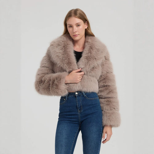 Damen Kurz geschnittene Kunstpelz‑Bolerojacke mit voluminösem Schalkragen Shop Nory