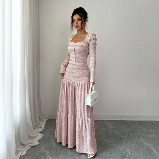 Damen Figurbetontes strukturiertes Maxikleid mit quadratischem Ausschnitt und Knopfleiste Shop Nory