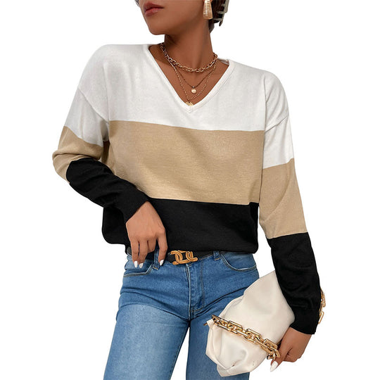 Damen Eleganter V‑Ausschnitt Feinstrickpullover mit breiten Blockstreifen Shop Nory