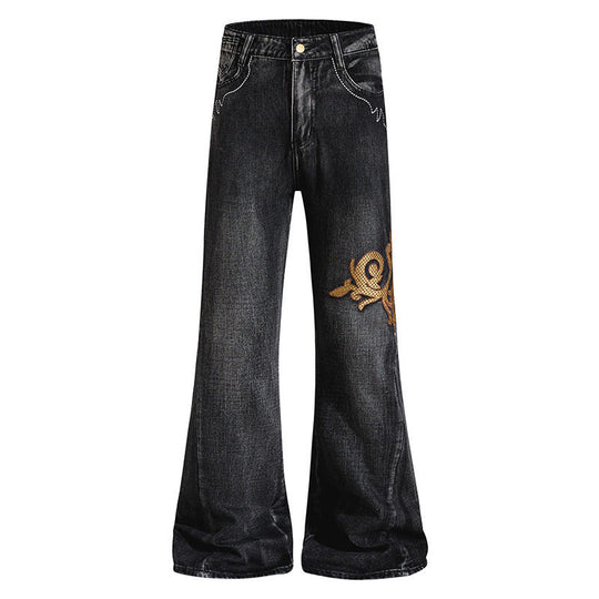 Damen Weite High‑Waist Schlaghose aus Denim mit barocker Stickerei Shop Nory