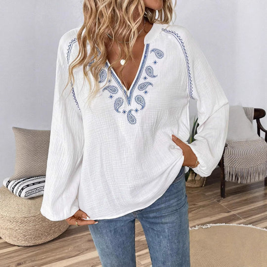 Damen Bestickte Baumwoll-Gauze-Tunika mit V-Ausschnitt und Ballonärmeln Shop Nory
