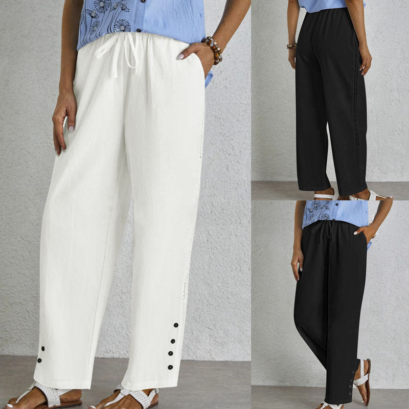 Damen Leichte Palazzo-Hose mit Gummibund, Tunnelzug und Zierknopf-Detail Shop Nory