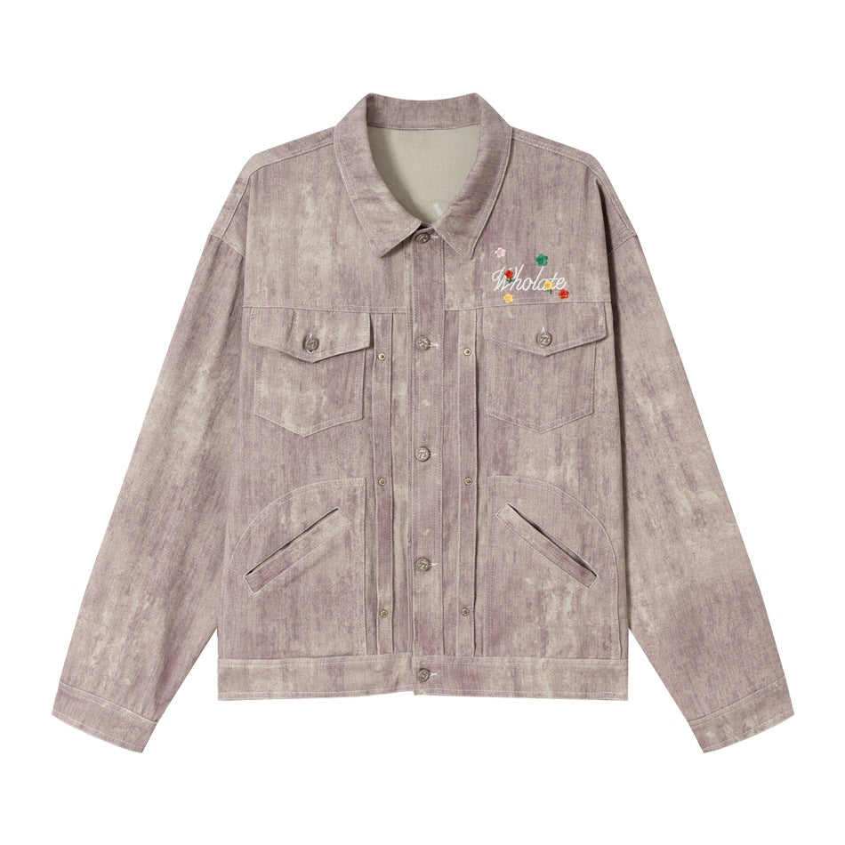 Unisex Boxy-Jeansjacke mit Acid‑Wash‑Effekt, Pattentaschen und floraler Bruststickerei Shop Nory