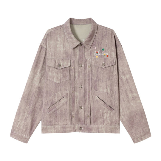 Unisex Boxy-Jeansjacke mit Acid‑Wash‑Effekt, Pattentaschen und floraler Bruststickerei Shop Nory