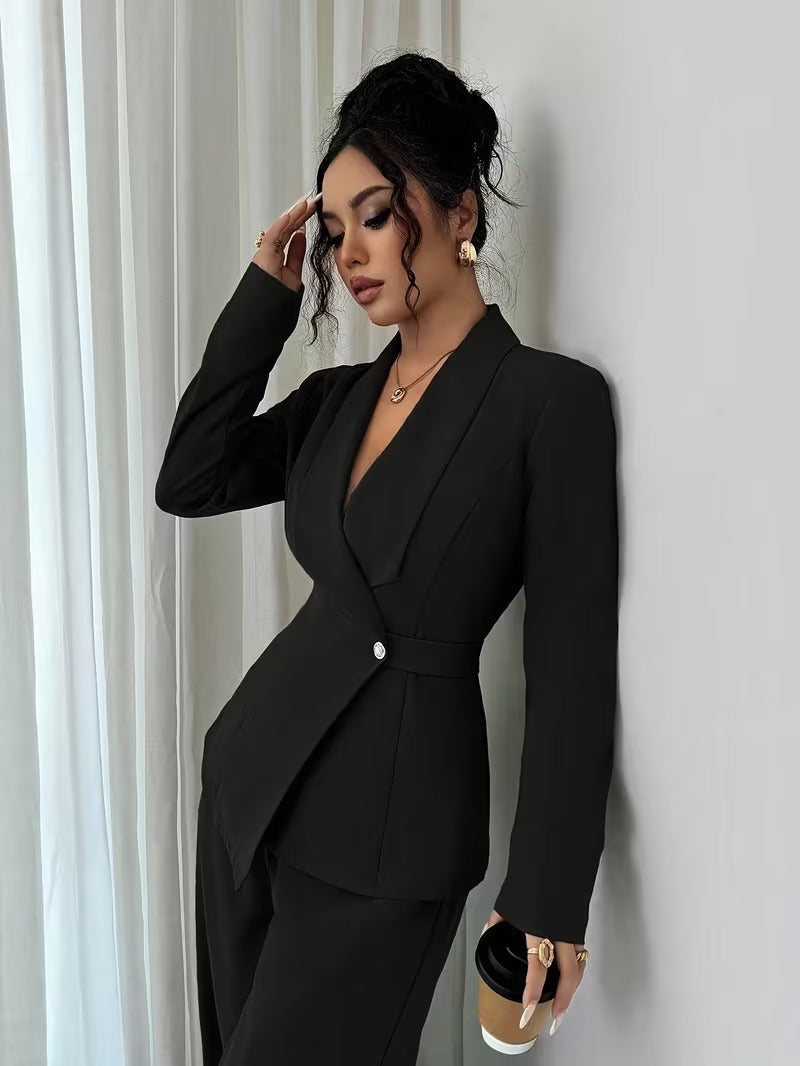 Damen nan taillierter Businessblazer mit Schalkragen, Gürtelbund und Ein-Knopf-Verschluss Shop Nory