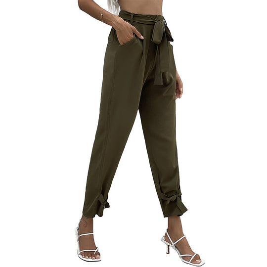 Damen Paperbag-Hose mit Bindegürtel, lockerer Taillenbund und Knoten-Detail am Bein Shop Nory