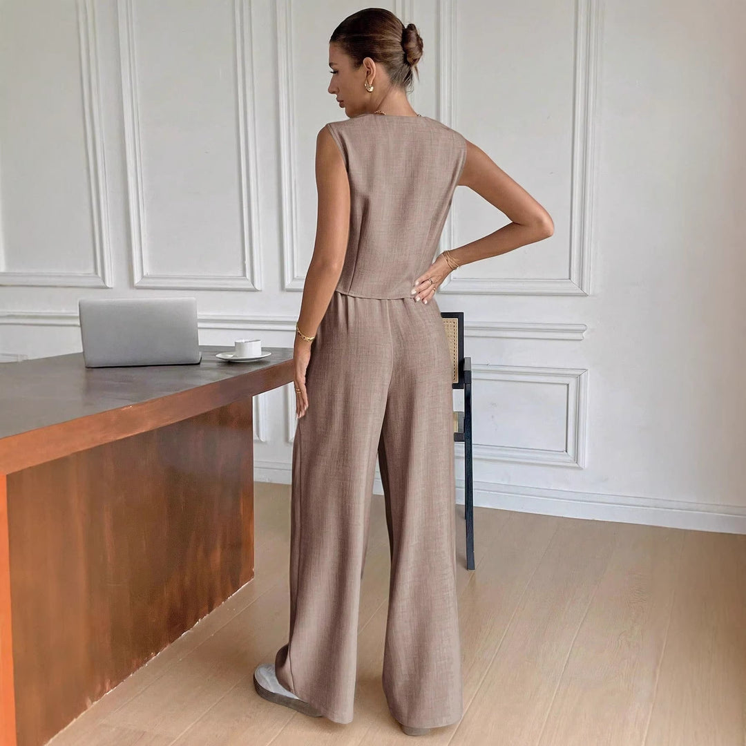Damen Eleganter Anzug mit ärmellosem Blazer und weiten Hosen Shopnory