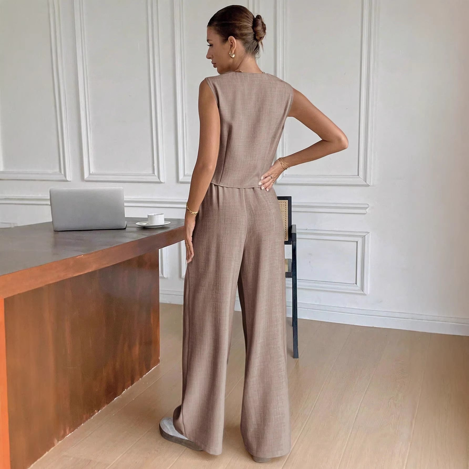 Damen Eleganter Anzug mit ärmellosem Blazer und weiten Hosen Shopnory